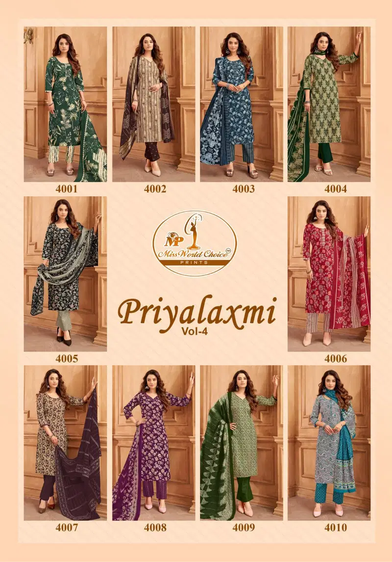 Priyalaxmi Vol 4 By Miss World Cotton Surat Kurti With Bottom Dupatta Wholesale Market